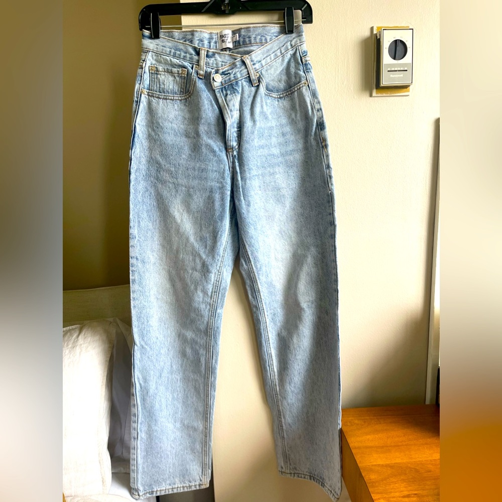 HOLLY ASYMMETRIC STRAIGHT LEG JEAN LIGHT WASH - criss cross waist